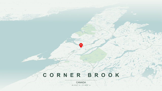 Modern minimalist vector map of Corner Brook, Newfoundland and Labrador. High-quality scalable illustration of Corner Brook geographic boundaries, Humber River shoreline networks for posters design.