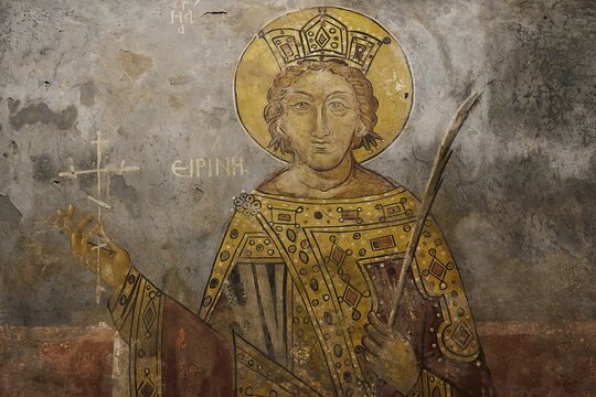 Image of a saint with a golden crown and halo on a church wall, Thari Monastery, Moni Thari, near Gadouras Reservoir, lonely mountain region, Rhodes, Dodecanese, Greek Islands, Greece