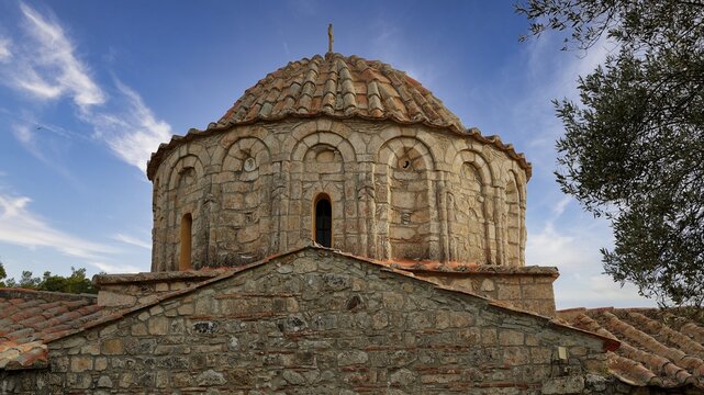 Stone church with dome in Byzantine style in front of a clear blue sky, sky exchanged, Monastery Thari, Moni Thari, near Gadouras reservoir, lonely mountain region, Rhodes, Dodecanese, Greek Islands, Greece