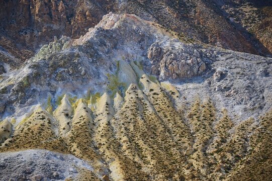 Complex geological formations in a volcanic landscape, characterised by rough stone and yellow tones, volcanism, volcanic island, caldera, Polyvotis, Nisyros, Dodecanese, Greek Islands, Greece