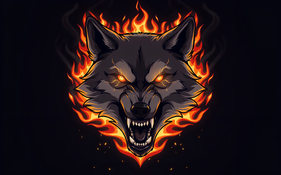 Fierce wolf head wreathed in vibrant orange flames during a dramatic nocturnal display
