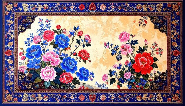 Arazzo Floreale Tradizionale con Peonie Colorate e Cornice Decorativa Blu e Oro