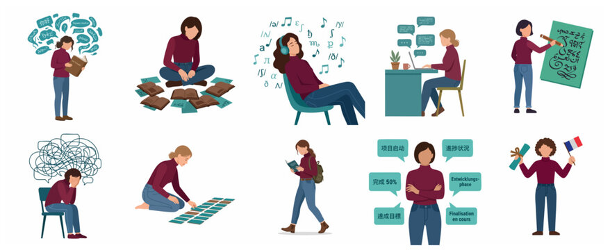 Collection of flat illustrations of a woman engaged in foreign language learning, linguistics study, and communication activities.