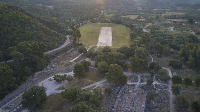 Stadium, Temple of Hera, Temple of Zeus, Old Ruins and Sports Area in the Midst of Woods and Meadows, Drone Shot, Archaeological Site, Ancient Olympia, Peloponnese, Greece