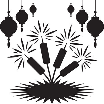 Black firecracker and hanging lantern silhouette vector illustration for festive celebration events