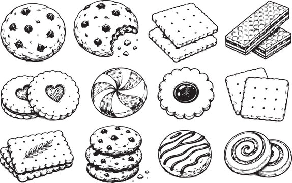 Set of hand drawn sketch cookies and biscuits for bakery menu design Vector