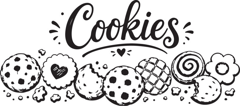 Hand drawn illustration of various cookies with the word cookies text Vector