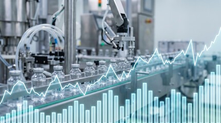 Fototapeta premium Automated pharmaceutical factory production line with an overlay of financial stock market growth charts and bar graphs. Commercial stock photo for biotech investments, science trade, and trends.