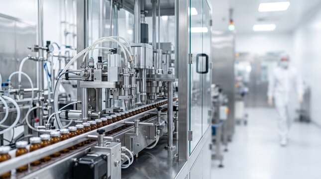 High-tech pharmaceutical manufacturing machinery with amber glass vials on a conveyor belt in a laboratory factory. Commercial stock photo for biotech, drug automation, and industry.