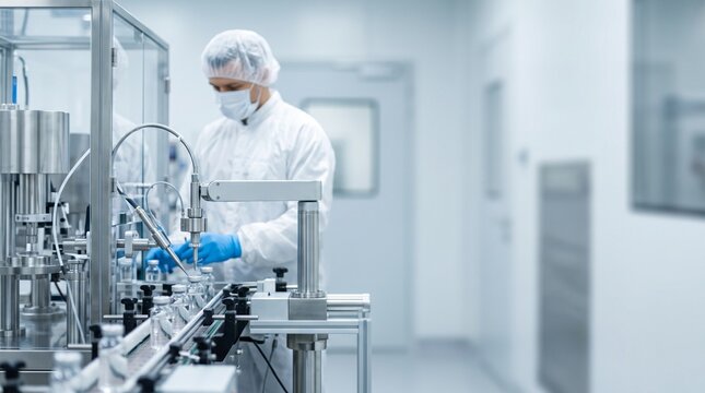 Pharmaceutical factory worker in sterile protective uniform operating automated production line conveyor belt with medical vials, medicine manufacturing and biotechnology laboratory concept