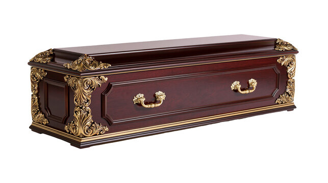 Ornate dark wood coffin with golden decorative elements, isolated on transparent background