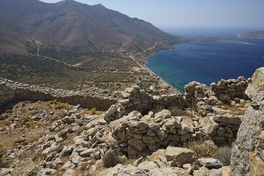 Extensive view of the blue sea and coastal landscape from an ancient site, Johanniter Fortress from the 14th century AD, Megalo Chorio Fortress, Kastro, Megalo Chorio, Zero Waste Island, Tilos, Dodecanese, Greek Islands, Greece