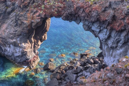 Rock gate in the water, detail, HDR, Spiaggia di Pollara, Pollara beach, Pollara, Salina, Aeolian Islands, Sicily, Italy