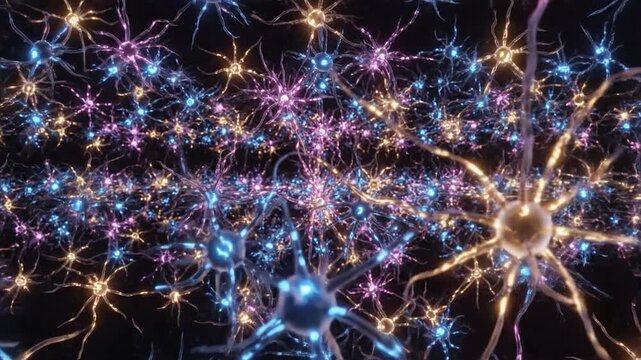 Dynamic neural network activity with glowing connections and synapses in a brain simulation