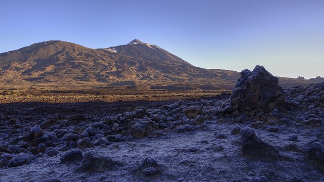 Frosty and rocky volcanic landscape under clear sky with shade, Teide, Parque Nacional del Teide, Teide National Park, volcano, volcanism, UNESCO World Heritage Site, Tenerife, Canary Islands, Spain