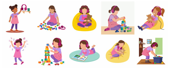 Fototapeta premium Collection of vector illustrations featuring a young girl engaged in various daily activities like playing with blocks, reading, dancing, and listening to music with headphones.