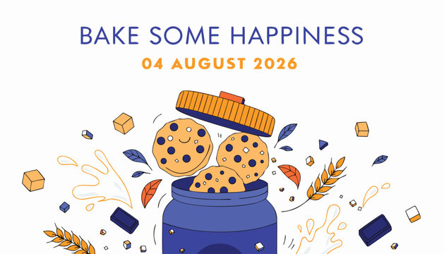 Colorful illustration of chocolate chip cookies inside a blue jar