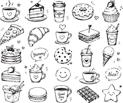Set of hand drawn food and drink doodle icons on white background Vector