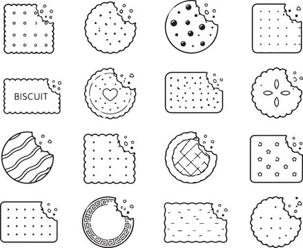 Set of various bitten biscuits and cookies in black outline style Vector