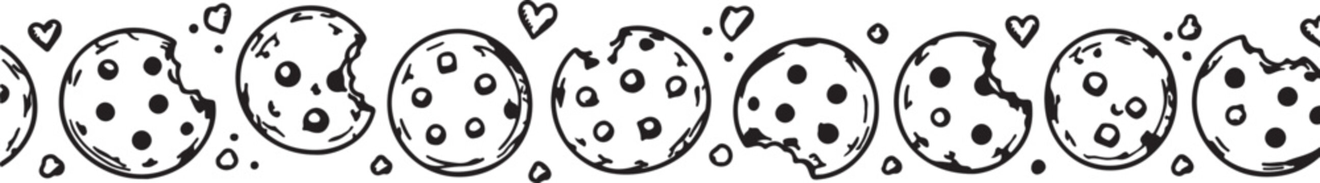 Hand drawn doodle border of chocolate chip cookies with small hearts Vector