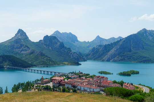 Riano town and reservoir with mountains in Leon Spain