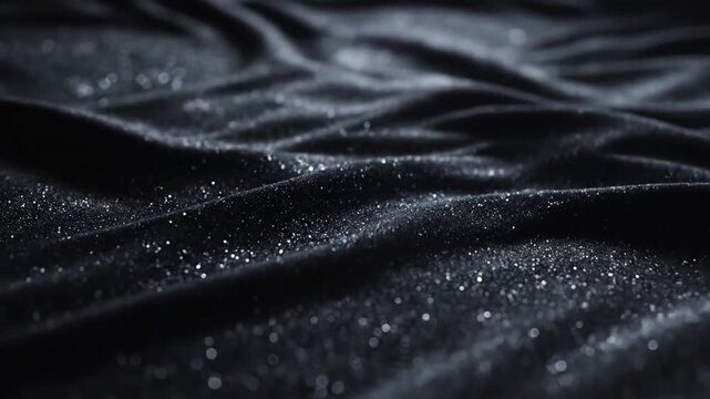 Elegant black velvet fabric with shimmering silver glitter particles in soft light waves