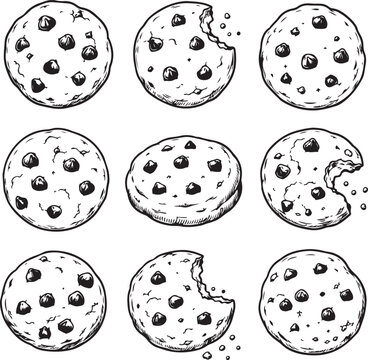 Set of hand drawn chocolate chip cookies isolated on white background Vector