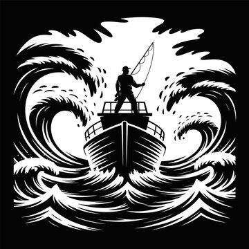 Man standing on boat in the middle of rough sea waves holding a fishing rod