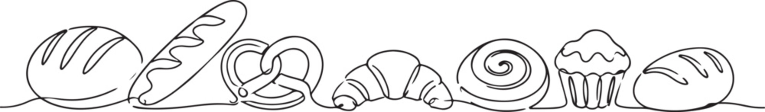 Continuous line drawing of fresh bread and bakery products in a row Vector
