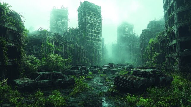 Post-Apocalyptic City: A once-thriving city now in ruins, with skyscrapers partially destroyed and nature reclaiming the land. Rusted vehicles and abandoned streets are overgrown with vines and moss. 
