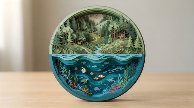 Circular paper layered shadow box featuring forest and ocean ecosystem landscape