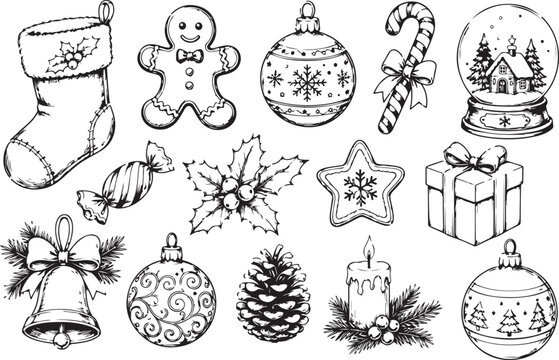 Set of hand drawn sketch Christmas ornaments and holiday icons Vector