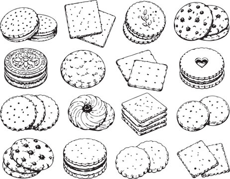 Hand drawn set of various cookies and crackers sketch Vector