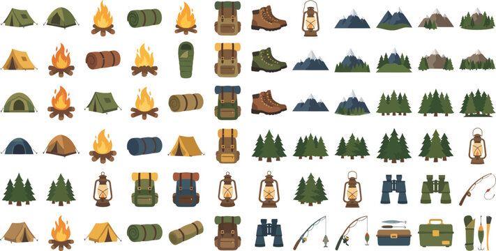 Set of outdoor camping and hiking flat vector icons representing wilderness adventure and recreation equipment