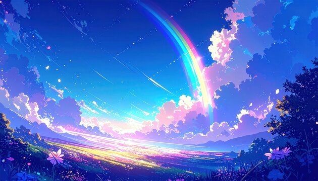 Scia di Meteore Luminose nel Cielo Stellato, Notte Magica e Paesaggio Onirico in Stile Anime