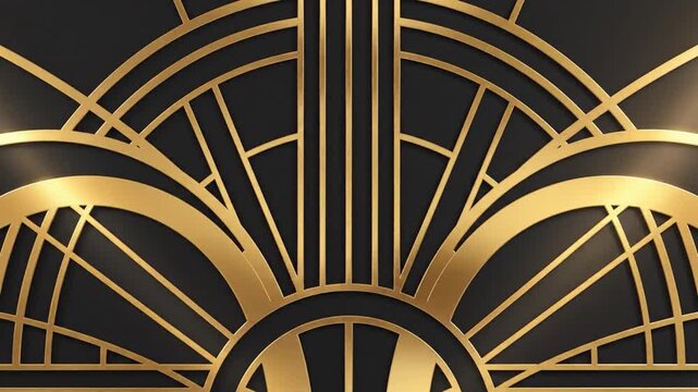 Elegant gold art deco geometric pattern with shimmering light glints on black background