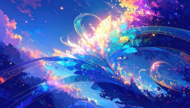 Scie Arcobaleno nel Cielo, Onde di Luce Fluorescenti e Paesaggi Astratti in Stile Anime