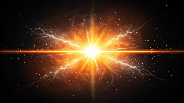 Bright golden explosion with electric lightning bolts and glowing particles on a dark black background