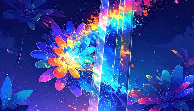 Scie Arcobaleno nel Cielo, Onde di Luce Fluorescenti e Paesaggi Astratti in Stile Anime