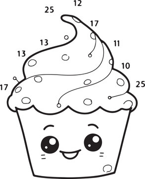 Kawaii cupcake dot to dot activity, cute dessert coloring page for kids, educational math puzzle vector with numbers 10, 11, 12, 13, 17, 25