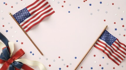 Obraz premium Labor day patriotic usa celebration american flags ribbons and stars on a pastel background