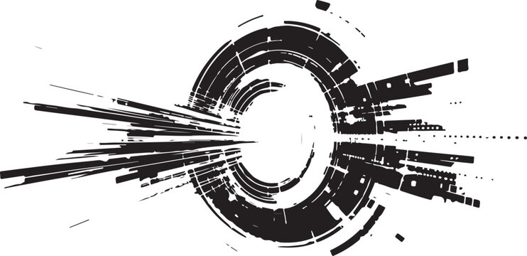 Futuristic cyberpunk glitch circle vector, abstract tech ring with digital distortion, black geometric HUD element on white background