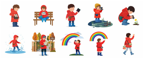 Fototapeta premium Vector illustration set of a young boy in a red raincoat exploring nature, taking photos, and enjoying outdoor activities in various weather conditions.