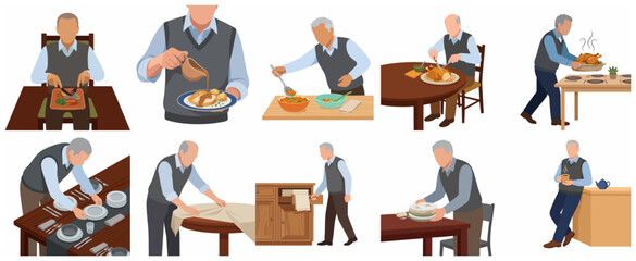 Fototapeta premium Senior Man Dining and Hosting Set, Vector Illustration of Elderly Male Character Preparing Meal, Serving Food and Setting Table