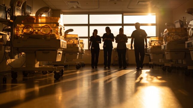 Neonatal unit during evening rounds at golden hour