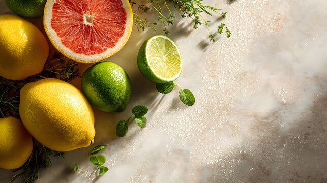 Fresh Citrus Fruits with Lemon Lime and Grapefruit Top View on Light Background