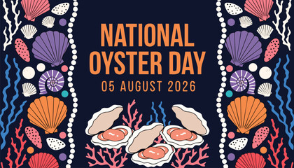 Colorful graphic illustration celebrating national oyster day with decorative sea shells © vectyx2