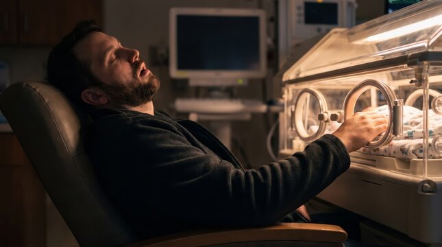 Exhausted father asleep beside his baby's incubator