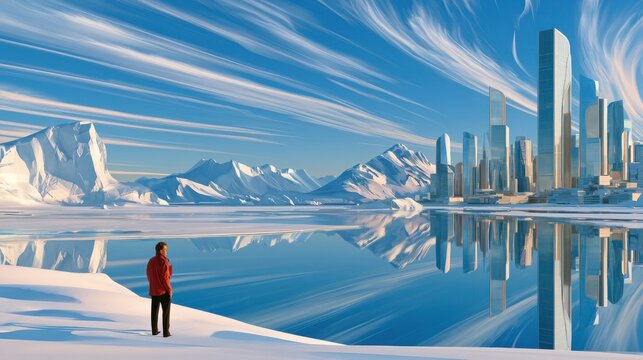 Man stands on snowy arctic shoreline overlooking a futuristic city skyline reflected in calm icy water