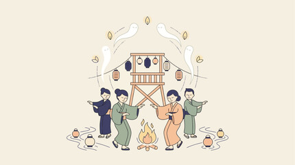 Fototapeta premium People dancing in traditional yukata at a Japanese summer festival with lanterns and bonfire style